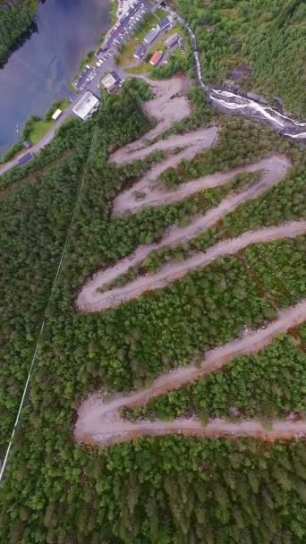 Colpo aereo di foresta e fiume di montagna. Il sentiero tortuoso conduce al lago . — Video Stock