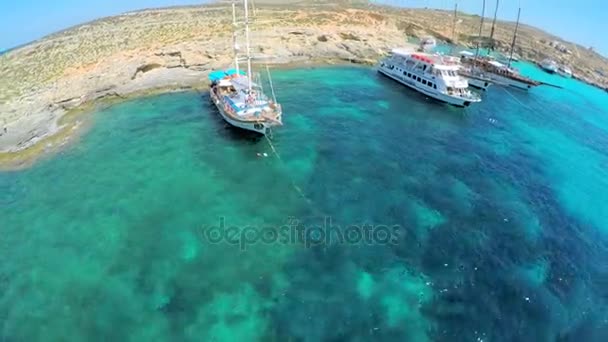 Яхты с туристами стоят у живописного морского берега. Вид с воздуха. Мальта — стоковое видео