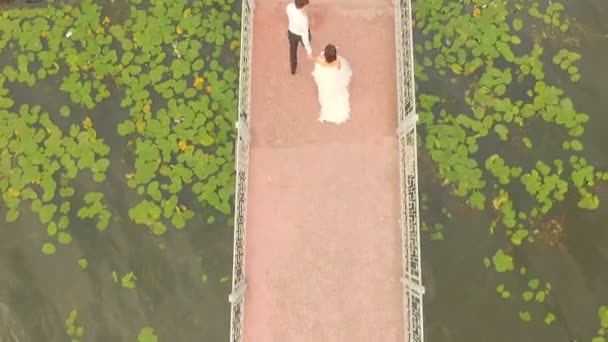 Bruden och brudgummen promenera längs bron. Visa från ovan. Aero Visa — Stockvideo
