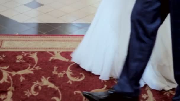 Novia y novio caminan por la alfombra — Vídeos de Stock