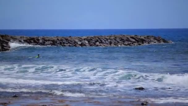 Ragazzo sta nuotando in mare su tavola da surf — Video Stock