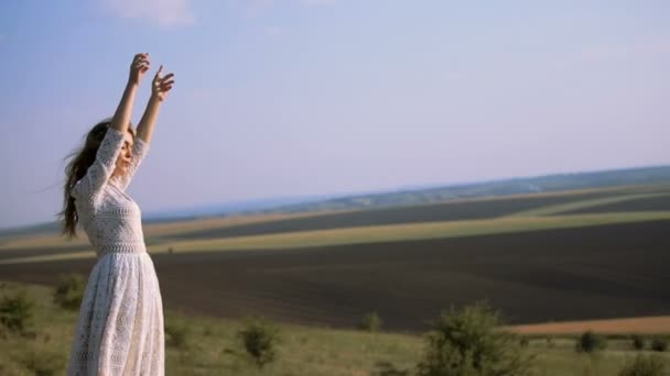 Portret van mooi meisje tegen de achtergrond van een blauwe hemel — Stockvideo