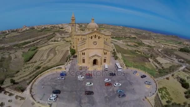 Aerial view Gozo, Malta, Ta Pinu famous basilica — Stock Video