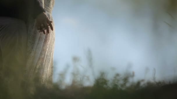 Jonggehuwde paar hand in hand zicht door het gras — Stockvideo