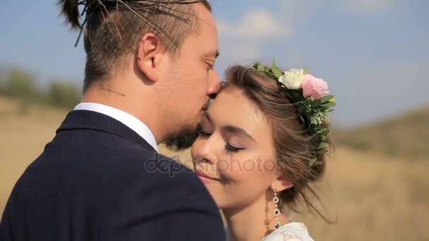 Pareja feliz enamorada en los prados. Retrato parejas, ternura amor — Vídeos de Stock