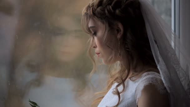 Porträt eines schönen sinnlichen Mädchens, das sich in der Fensterscheibe widerspiegelt. Rätselhaftes Bild — Stockvideo