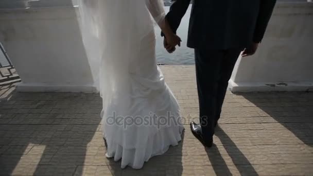 Sposa e sposo passeggiando lungo il lungomare — Video Stock