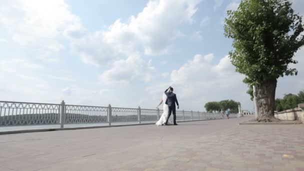 Bruid en bruidegom dansen in de buurt van lake — Stockvideo