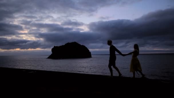 男孩和女孩沿着海边的夜晚的天空背景下行走 — 图库视频影像