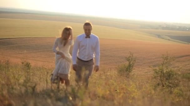 Fiatal pár szerelmes mezőn — Stock videók