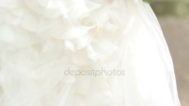 Trouwdag. Bruid in witte chique jurk. Achteraanzicht — Stockvideo