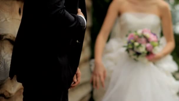 Невеста берет жениха за руку. Свадебная пара держится за руки — стоковое видео