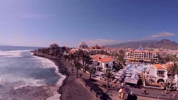 Liburan tak terlupakan di Tenerife. Tanaman dan pohon eksotis, hotel dan pantai Tenerife dari pandangan mata burung. Fotografi udara — Stok Video