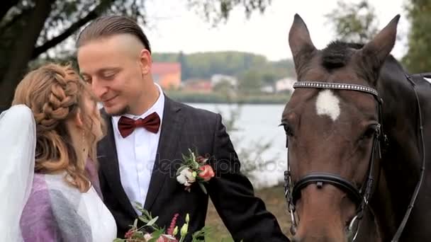 Ευτυχισμένη νύφη και τον γαμπρό με ένα άλογο στο πάρκο — Αρχείο Βίντεο