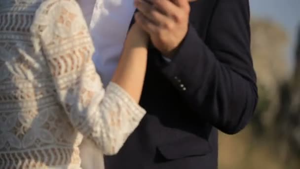 Sinnliches junges verliebtes Paar auf den Wiesen im Hintergrund — Stockvideo
