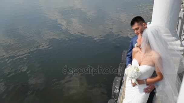 Schöne Braut und Bräutigam stehen im Hintergrund des Sees. Glückliche Frischvermählte stehen am Pier. — Stockvideo