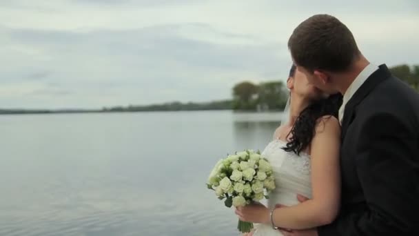 Sposa e sposo si trovano vicino al lago blu  . — Video Stock