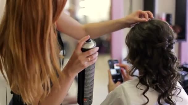 Stylist Fazendo Penteado Para Mulher Com Cabelo Escuro Cabeleireiro — Vídeo de Stock