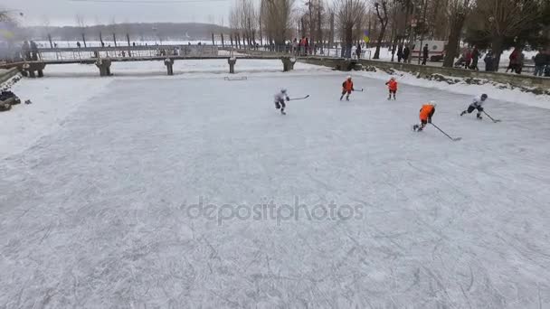 Vista aérea do parque de inverno da cidade. homens jogando hóquei em um lago congelado em um parque da cidade. Diversão da família de inverno. Desportos de Inverno. Hóquei no gelo. Atividades de inverno. Jogo de inverno — Vídeo de Stock