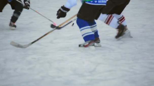 Hockey game on the frozen lake. Winter sport. body parts — Stock Video