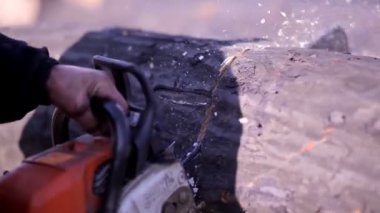 Ağır çekimde chainsaw ile ahşap ile kesme.