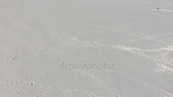 Fishermen on ice on a frozen lake near the city park aerial view — Stockvideo
