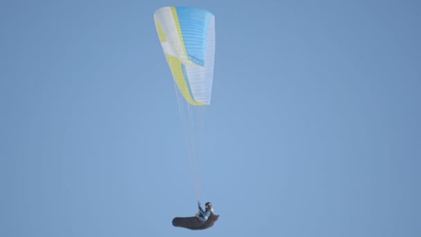 Pilot på paraglider svävar i luften. Pilot paraglider mot den blå himlen — Stockvideo