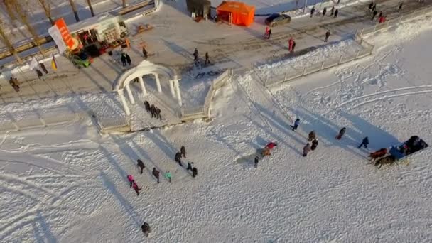 Vista aérea. Férias de inverno no lago congelado. passeios a cavalo — Vídeo de Stock