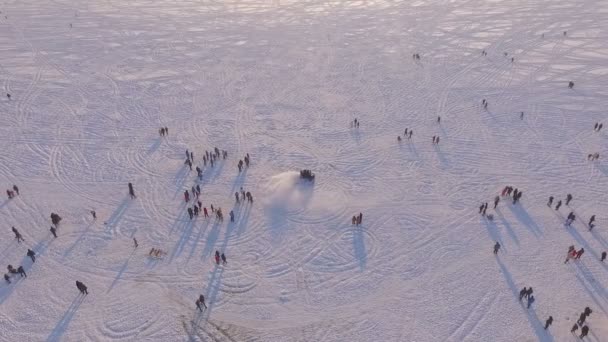 Вид сверху. Зимние каникулы на замерзшем озере. Снегоход, лошади — стоковое видео