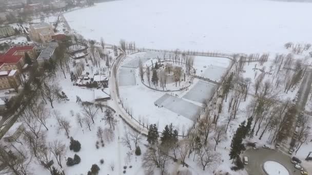 Прекрасний вид з повітря на зимове місто, парк і замерзле озеро. Діти катаються на ковзанах, люди відпочивають на свіжому повітрі. Зимові сімейні забави . — стокове відео