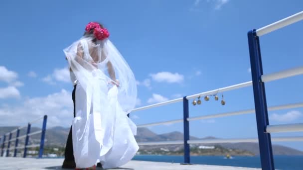 Teljesítő egy esküvői tánc, a tenger közelében park newlywed pár — Stock videók