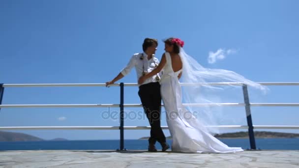 美丽的新娘和新郎在海滩上。面纱新娘在风中美丽地飘动 — 图库视频影像