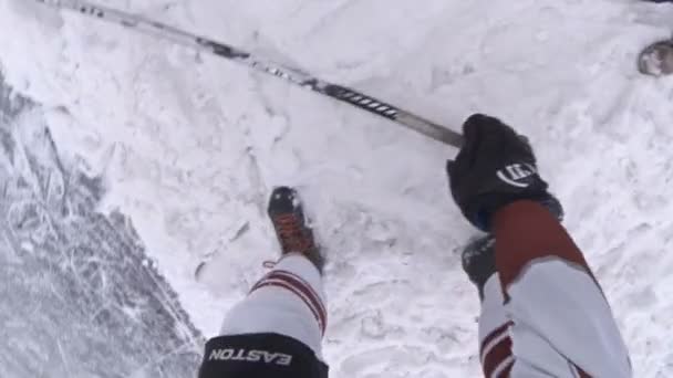 Men Play Hockey Game Frozen River — Stock Video