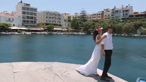 Vackra nygifta på bakgrunden av en flod. — Stockvideo