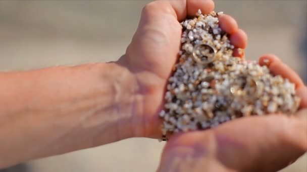 Vigselringar på sand i form av ett hjärta. — Stockvideo