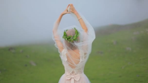 新娘在美丽的礼服跳舞反对绿色山 卡兹别吉 佐治亚 — 图库视频影像