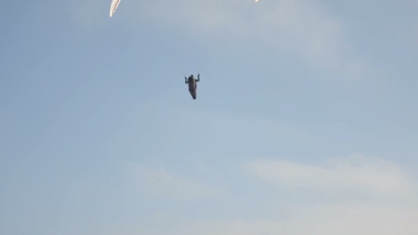 Gleitschirmpilot Schwebt Der Luft Vor Blauem Himmel Bei Wettbewerben Gleitschirmpiloten — Stockvideo