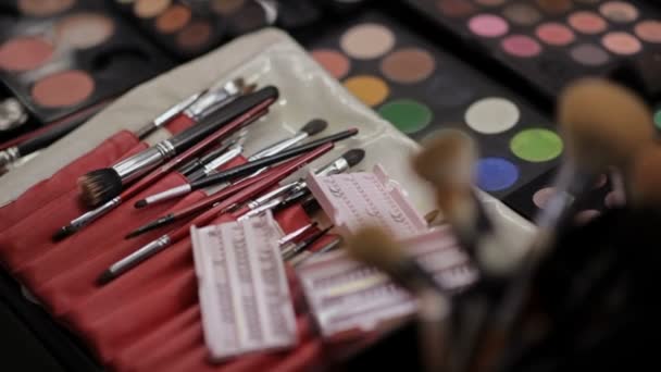 Cosméticos Profesionales Mesa Salón Maquillaje — Vídeo de stock