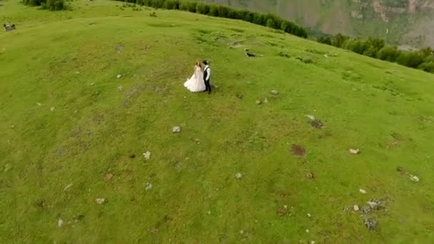 Felizes Recém Casados Caminhando Nas Montanhas Dia Ensolarado Geórgia — Vídeo de Stock