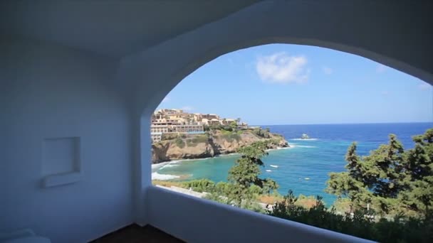 Vista Pitoresca Varanda Hotel Para Grécia Beira Mar — Vídeo de Stock