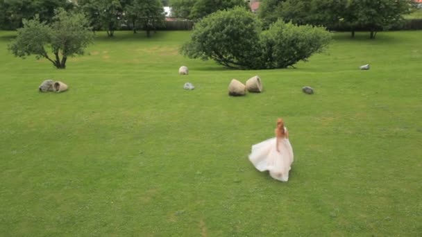 Felice sposa sta ballando sull'erba verde sullo sfondo delle montagne e frutteto rallentatore — Video Stock