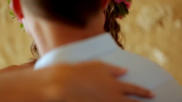 Beautiful happy newlyweds gentle loving couple, gentle embraces — Stock Video