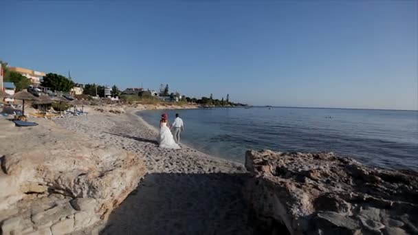 Sposi e sposi in riva al mare il giorno del loro matrimonio — Video Stock