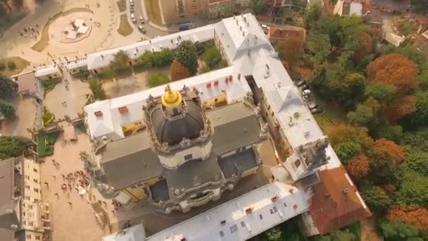 Flying over Cathedral of St. Jura Lviv Ukraine. — Stock Video