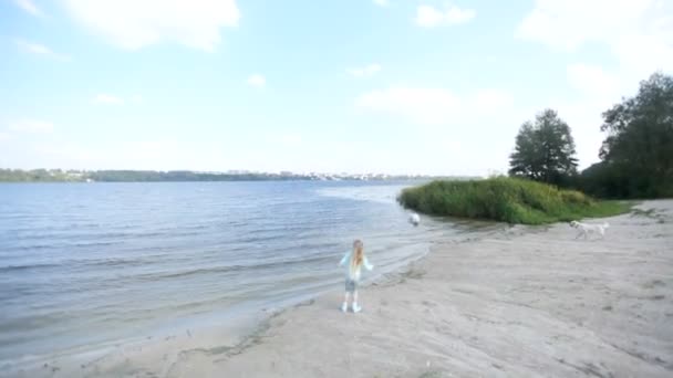 Menina brinca com os cães junto ao rio — Vídeo de Stock