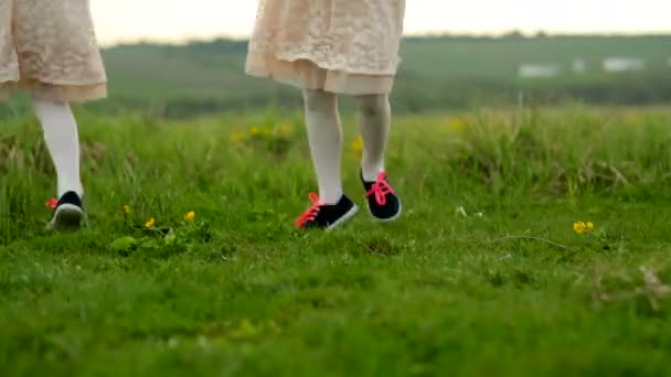 Deux petites filles qui courent dans la prairie verte. Pieds pour enfants . — Video