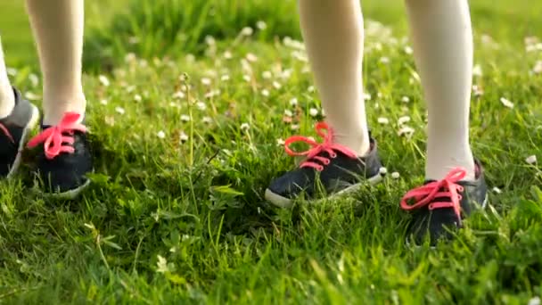 Dos niñas están de pie sobre hierba verde . — Vídeos de Stock