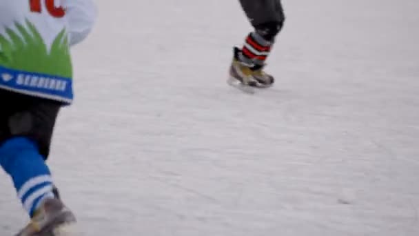 Hockey player pulls the puck from the snow. body parts — Stock Video