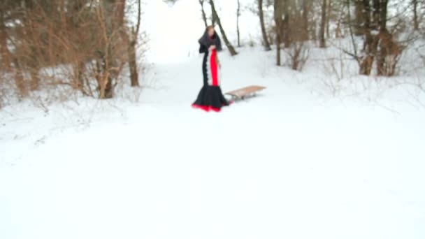 Mooi meisje in een donzige sjaal draagt sleeën in de sneeuw tegen een winter bos — Stockvideo