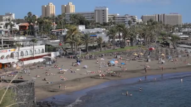 Az emberek élvezik a nyaralást a gyönyörű tengerparton. Tenerife Kanári-szigetek. Spanyolországba. Légi felvétel — Stock videók